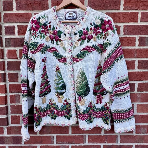 Tiara International Sweaters - VTG Tiara International Xmas Cardigan Sweater Cream Print Embroidered Xmas Trees